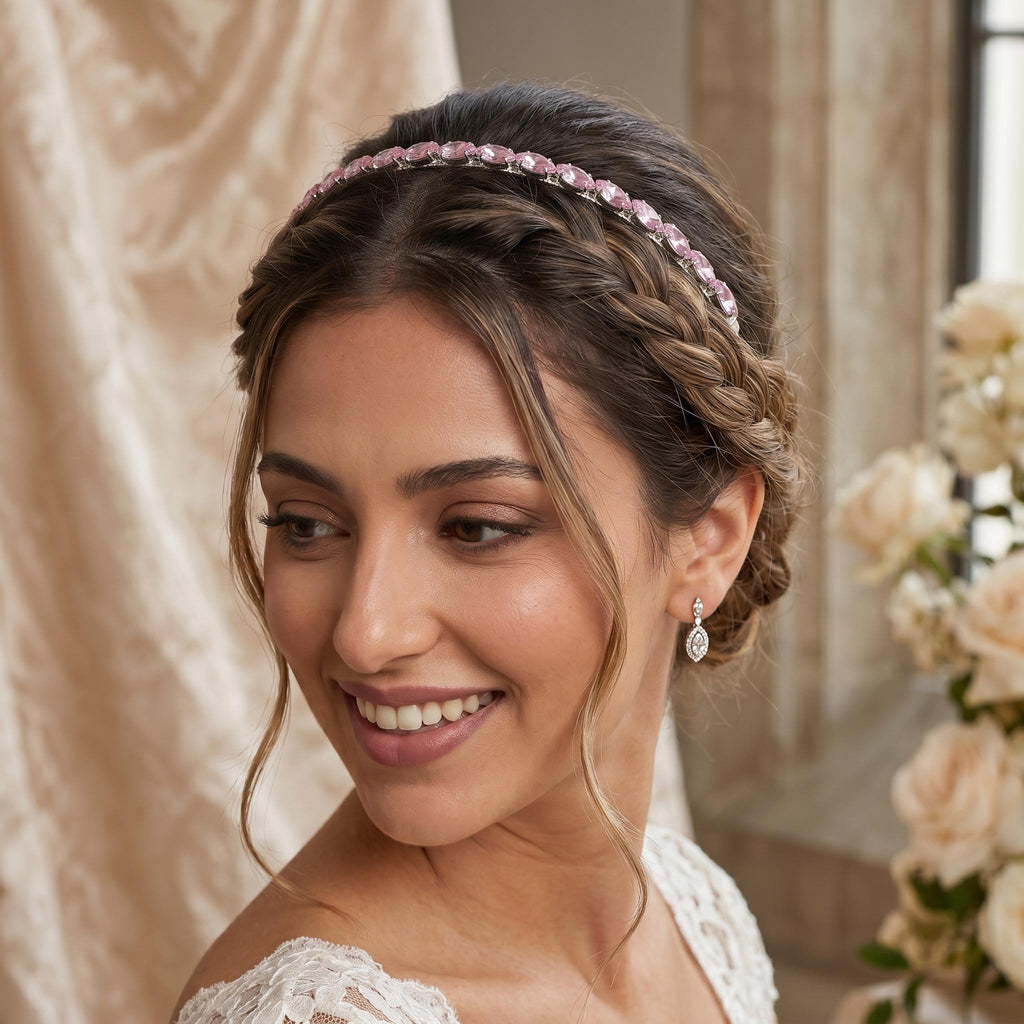 Silberfarbener Braut-Haarreif mit rosa Ziersteinen