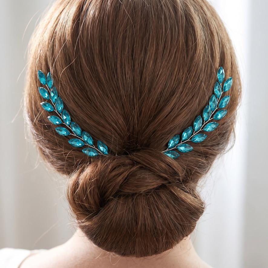 Turquoise Bridal Hair Pin Set with Leaf Sprays | Two-Piece Updo Accent