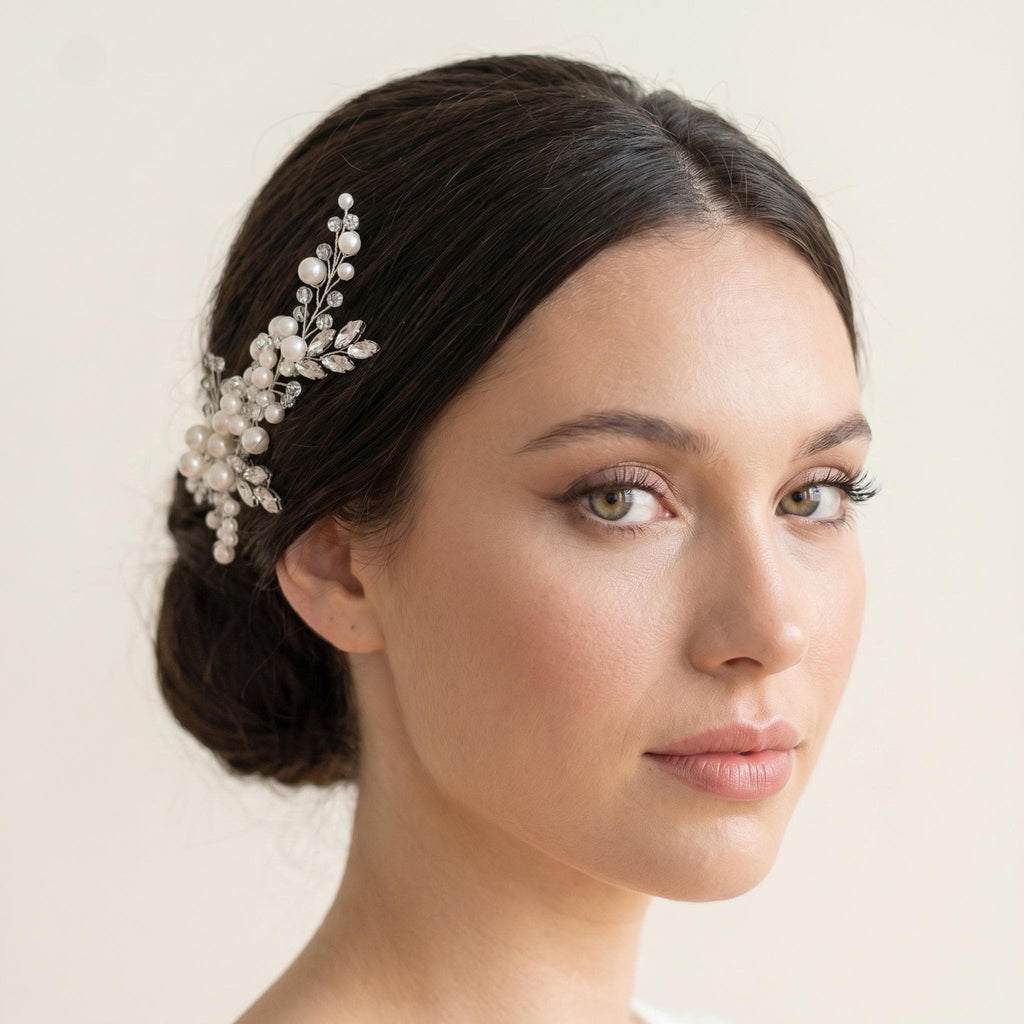 Branching bridal hair comb displayed on a small wooden stand against a white background, with white pearls, clear faceted beads and elongated leaf stones.
