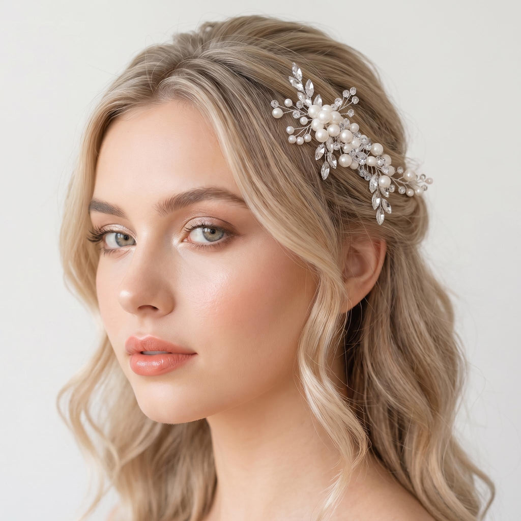 Required rear or side view of the hair comb showing its teeth, base and connections to the silver-tone decorative branches.