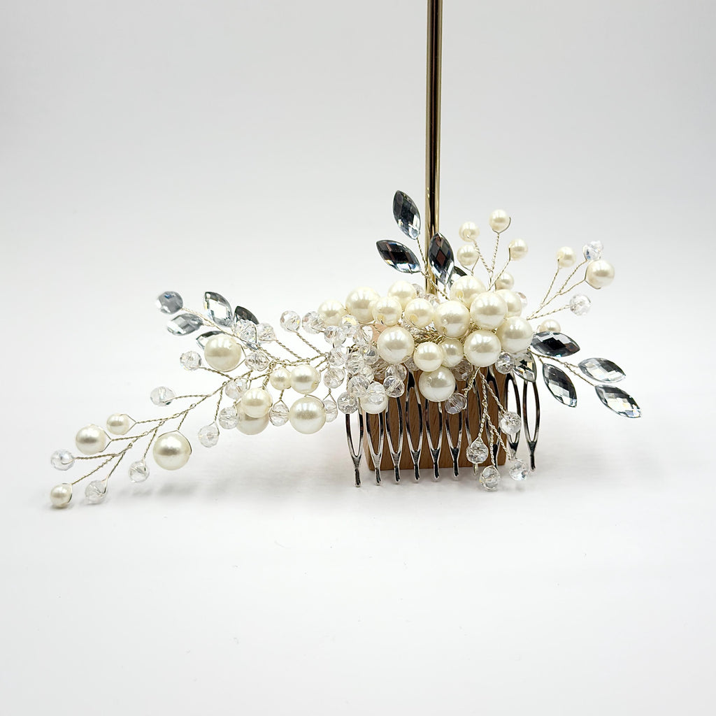 Bridal Hair Comb with Pearls and Clear Leaf Branches | Silver-Tone Wedding Hairpiece
