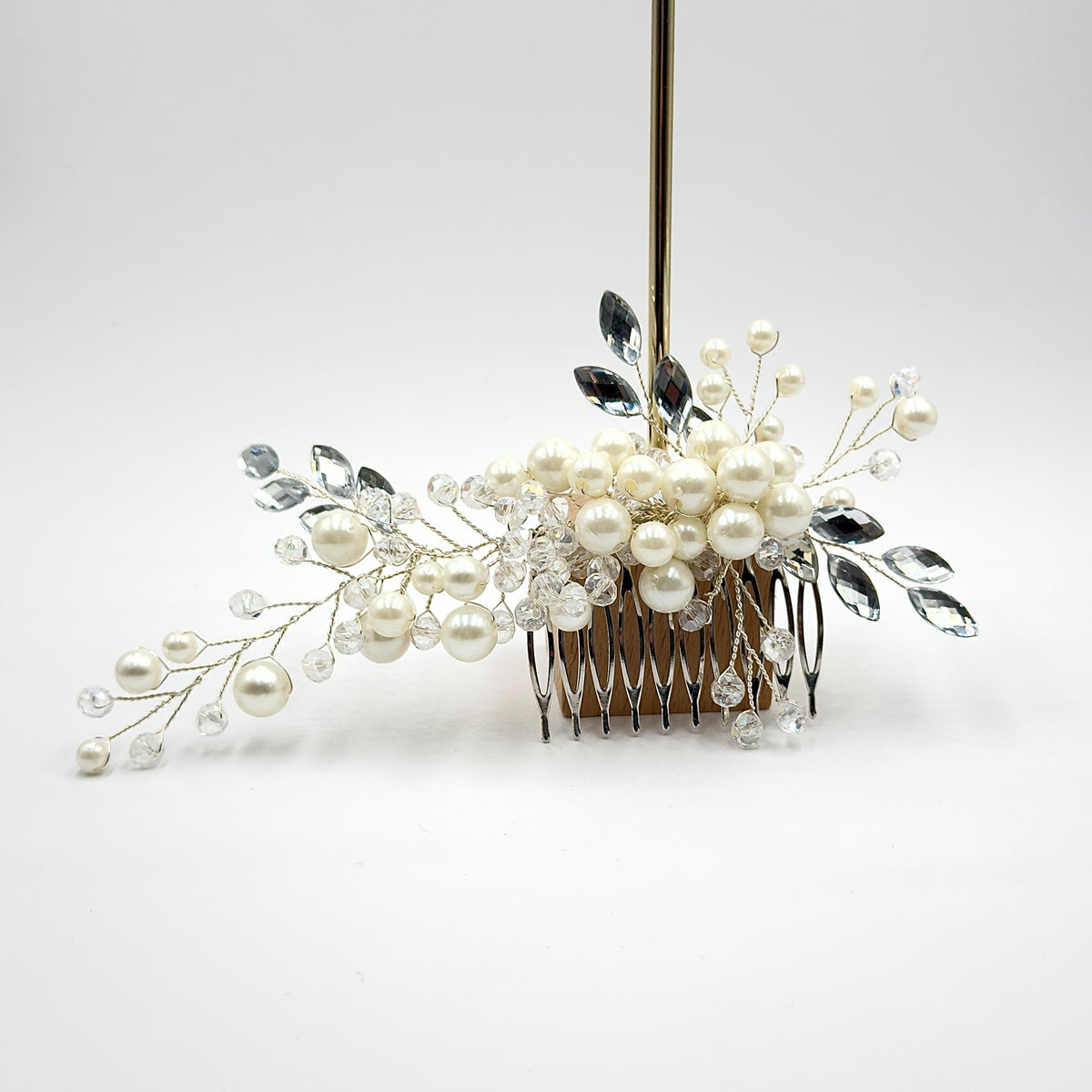 Bridal Hair Comb with Pearls and Clear Leaf Branches | Silver-Tone Wedding Hairpiece