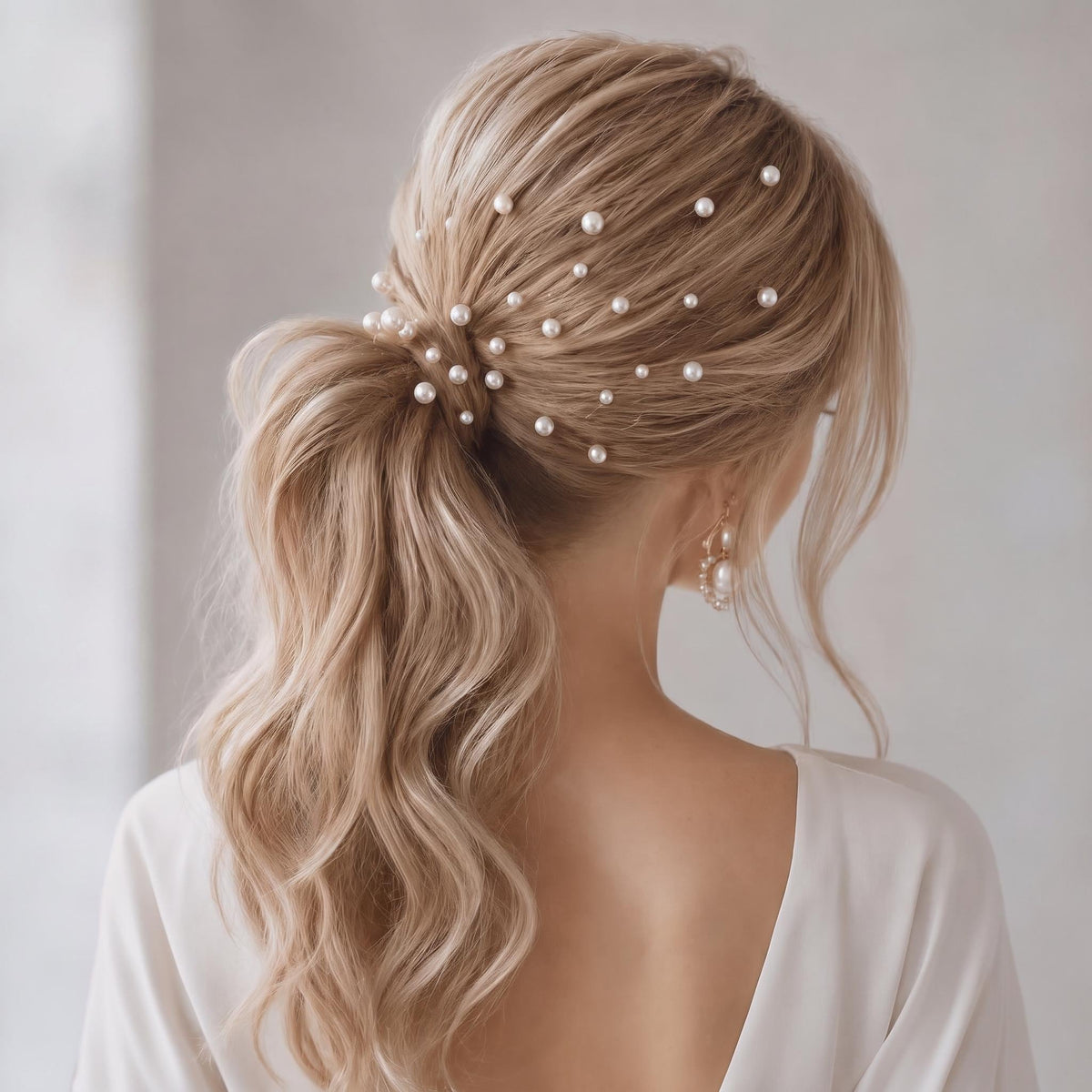 Blonde Braut von hinten mit lockerem Pferdeschwanz und weißen Perlen in unterschiedlichen sichtbaren Größen, die einzeln über die seitlich zurückgelegte Frisur und rund um den Zopfansatz verteilt sind.