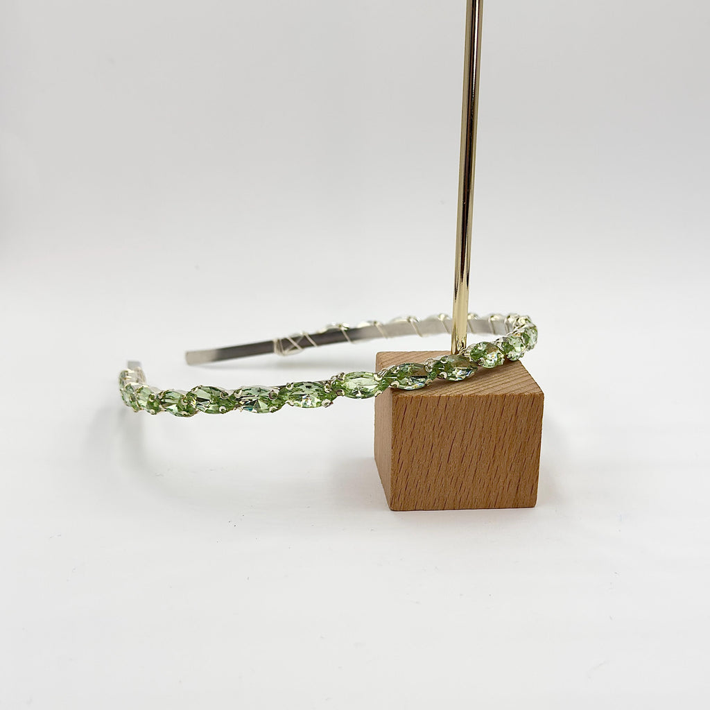 Hellgrüner Kristall-Braut-Haarreif | Schmaler Haarschmuck in Silber