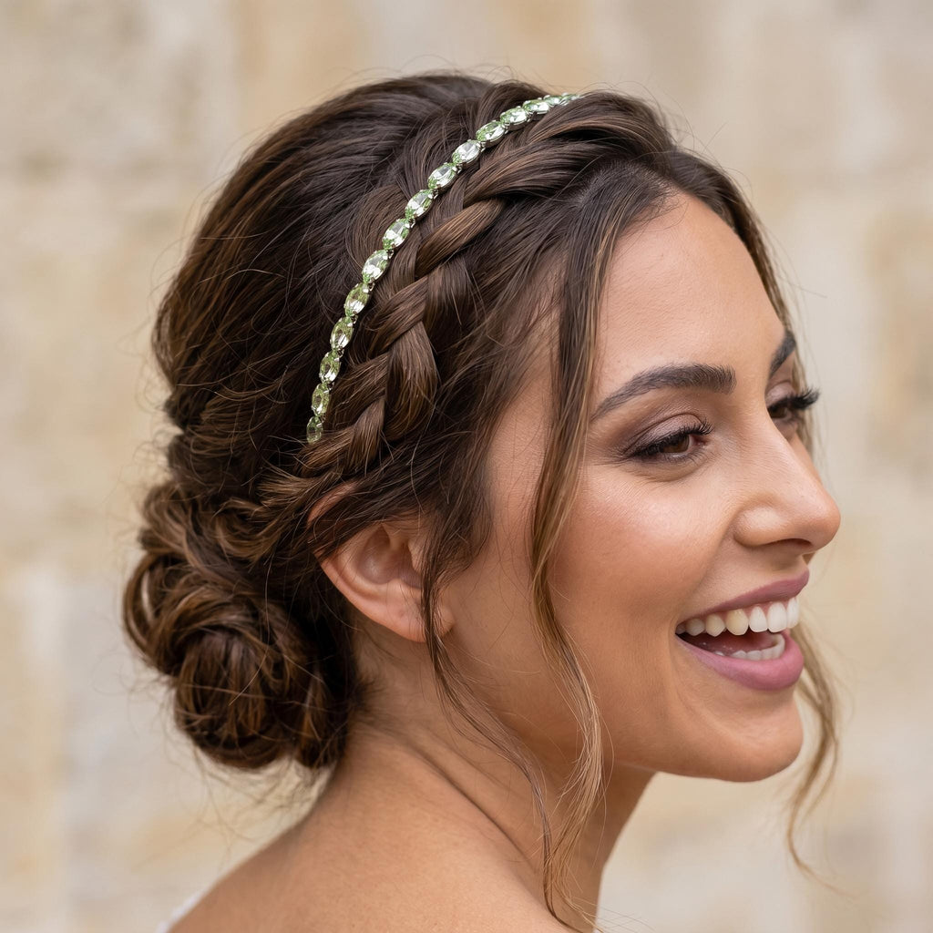 Hellgrüner Kristall-Braut-Haarreif | Schmaler Haarschmuck in Silber