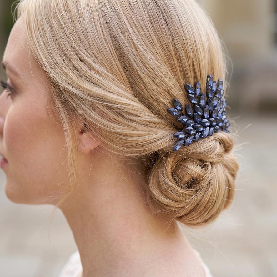 Dunkelblauer Kristall-Haarkamm | Floraler Brautschmuck mit Blättern