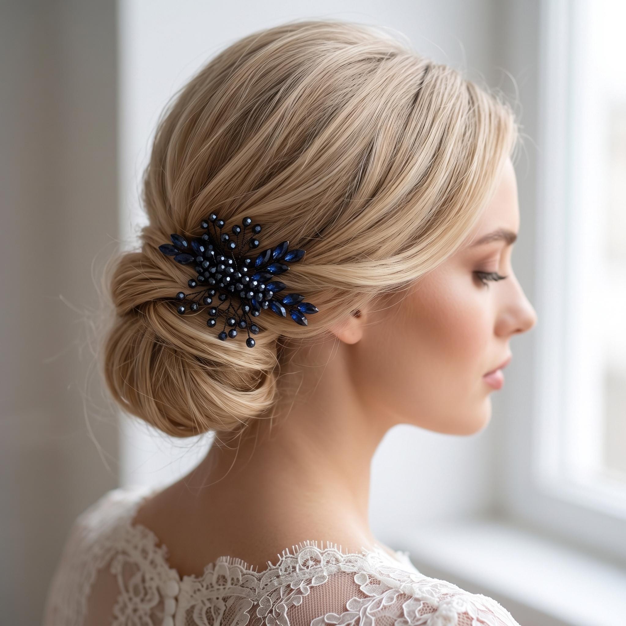 Dunkelblauer Braut-Haarkamm mit Blättern | Floraler Hochzeitsschmuck in Kristalloptik