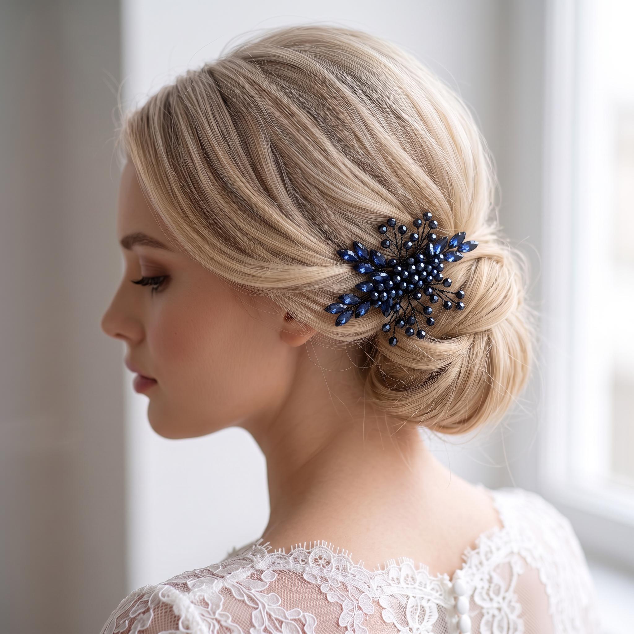 Dunkelblauer Braut-Haarkamm mit Blättern | Floraler Hochzeitsschmuck in Kristalloptik