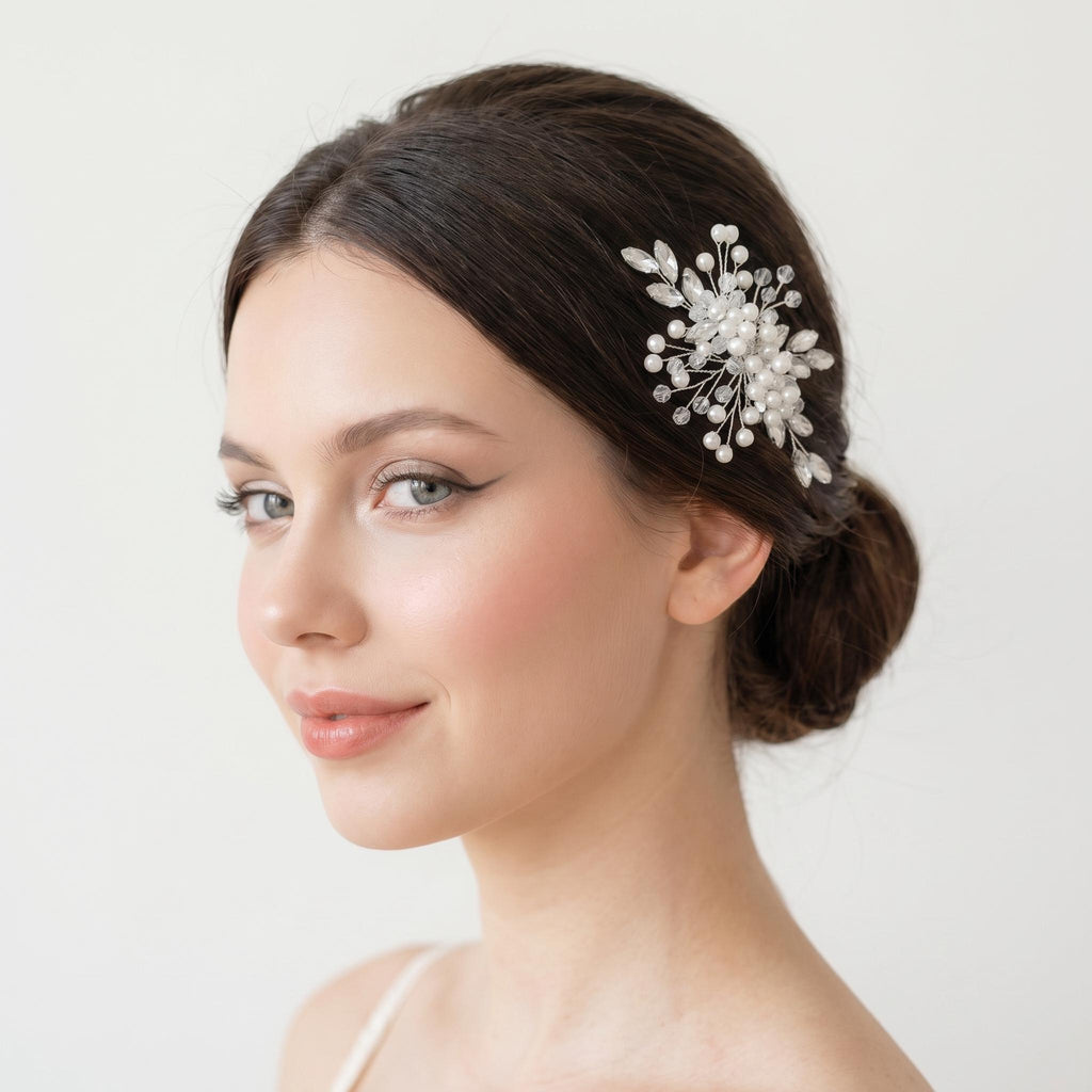 Floral bridal hair comb on a white background with white pearls, clear faceted crystals, silver-tone branches, leaf-shaped stones and visible comb teeth.