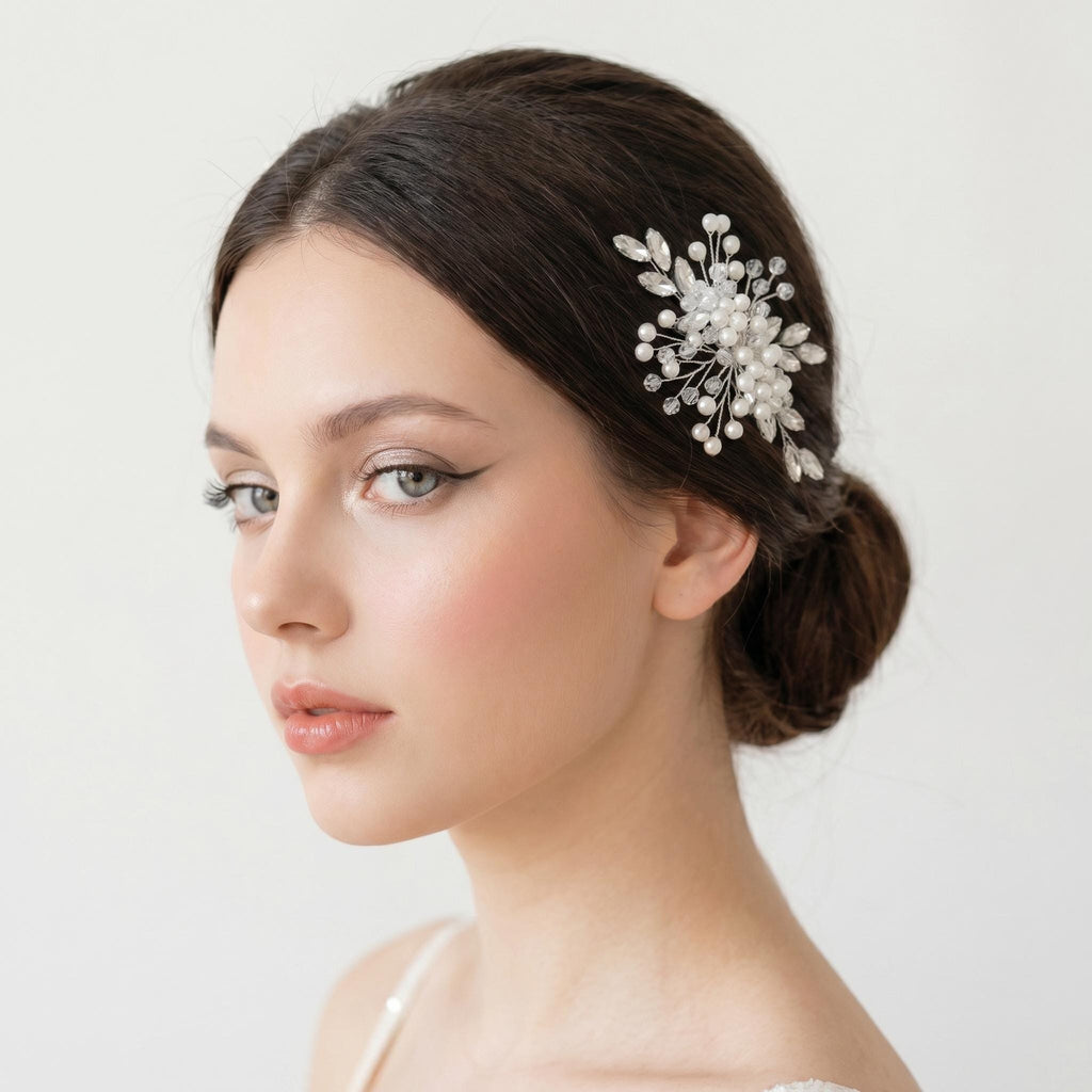 Geplante Größenansicht des floralen Haarkamms neben einem Lineal zur Darstellung seiner tatsächlichen Abmessungen.