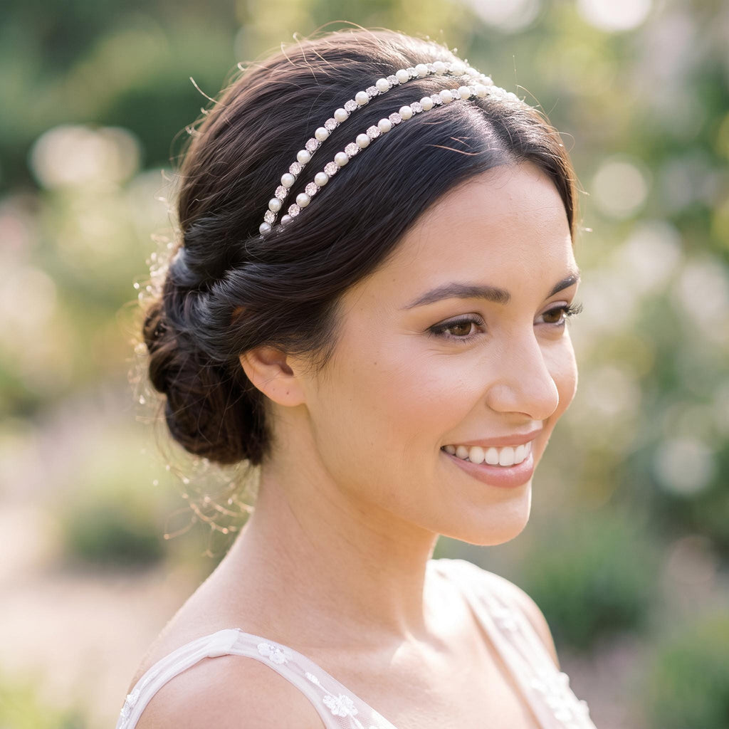 Brauthaarreif-Set mit Perlen und klaren Schmucksteinen | Silberfarbener Brauthaarschmuck