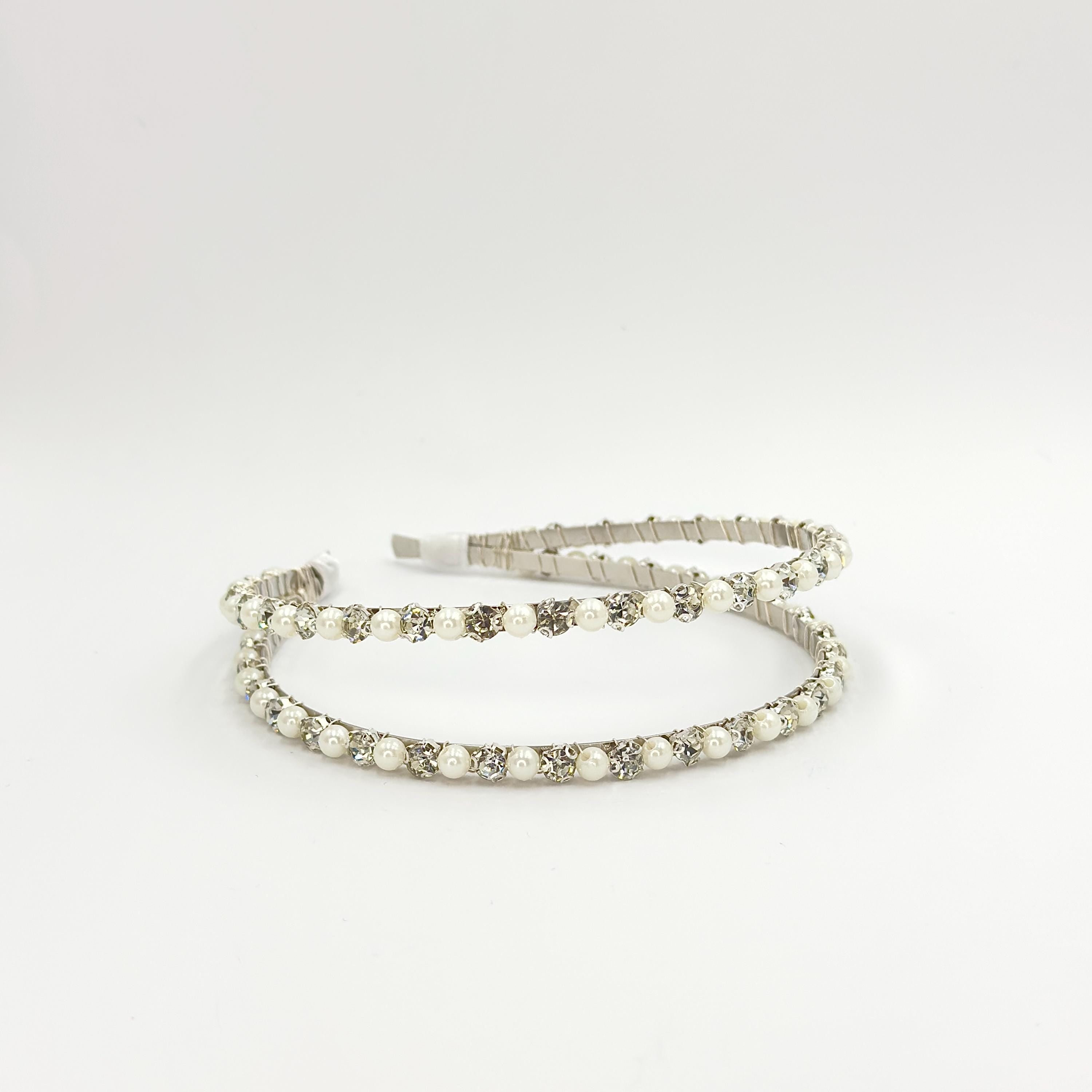 Brauthaarreif-Set mit Perlen und klaren Schmucksteinen | Silberfarbener Brauthaarschmuck