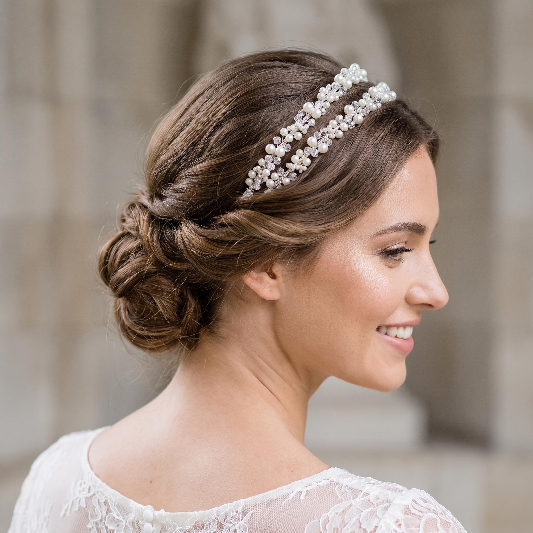 Brauthaarreif-Set mit Perlenzweigen | Romantischer silberfarbener Haarschmuck