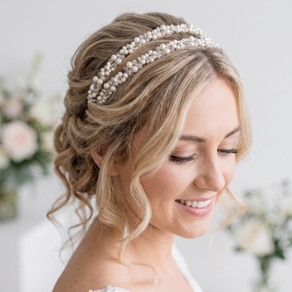 Brauthaarreif-Set mit Perlenzweigen | Romantischer silberfarbener Haarschmuck