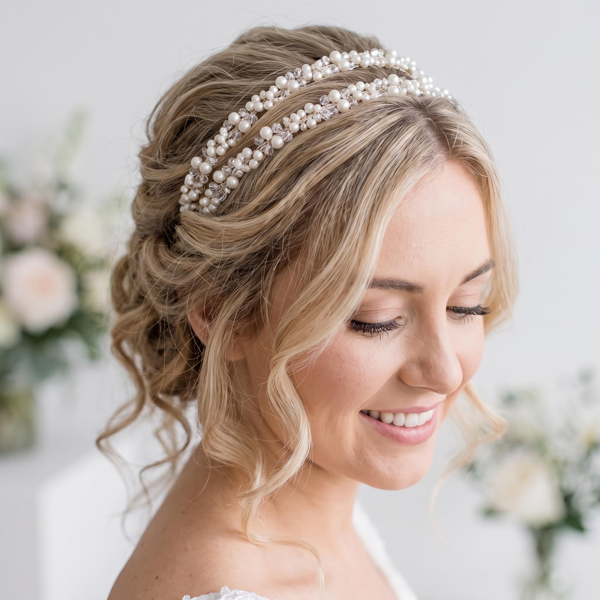 Brauthaarreif-Set mit Perlenzweigen | Romantischer silberfarbener Haarschmuck