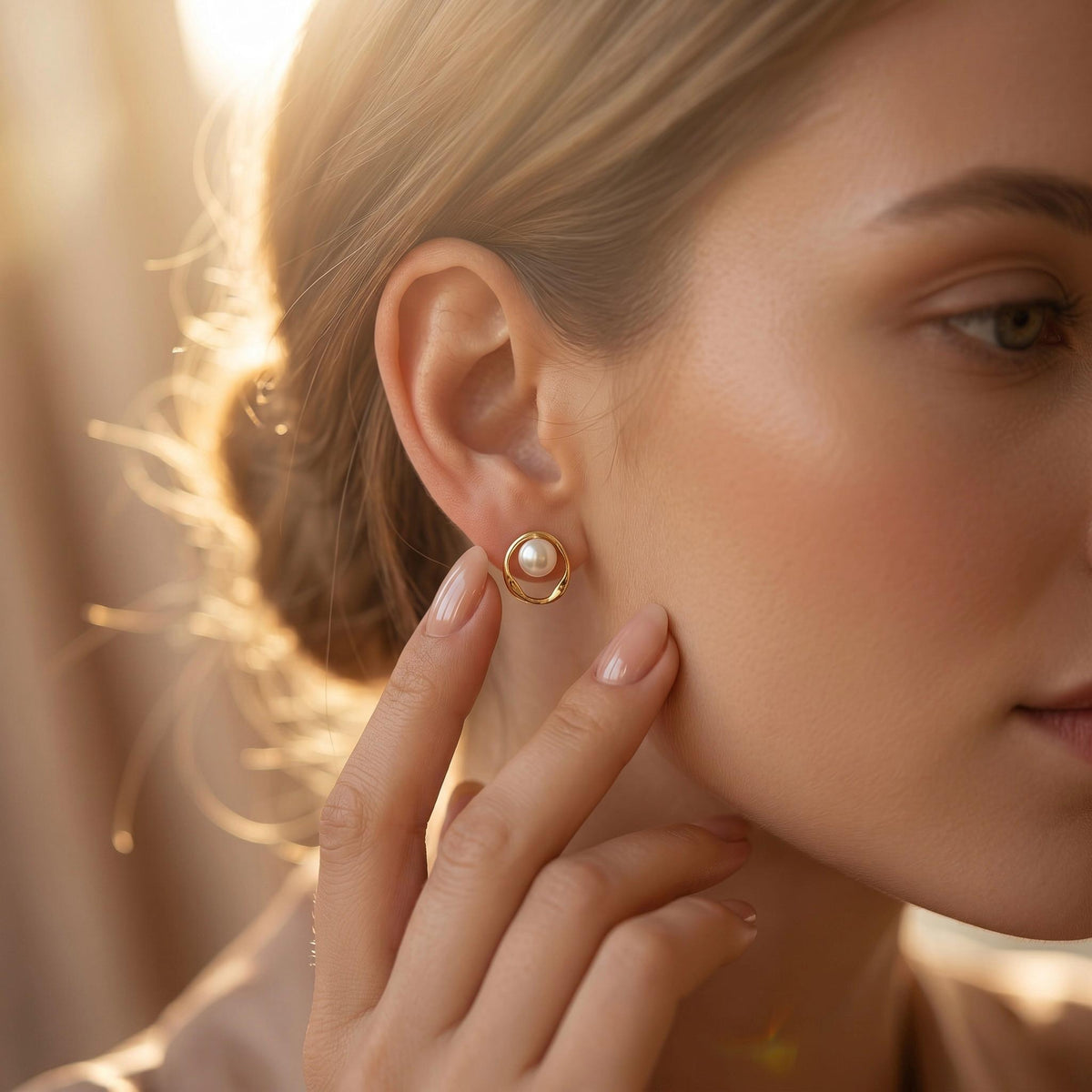 A woman touches her ear, which has a gold-toned stud earring with a white pearl centered in a twisted open circle.