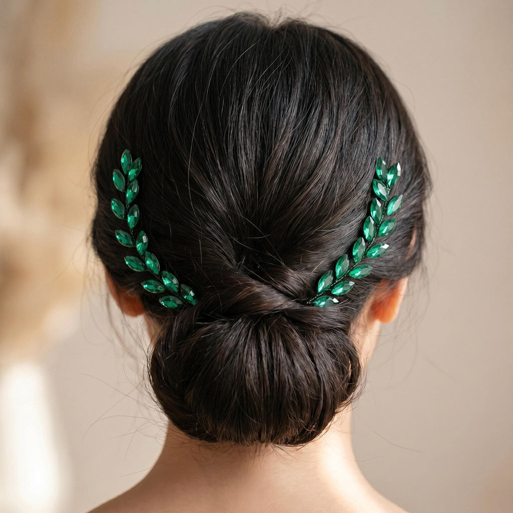 Braut-Haarnadel-Paar mit smaragdgrünen Blätterzweigen | Botanischer Dutt-Schmuck