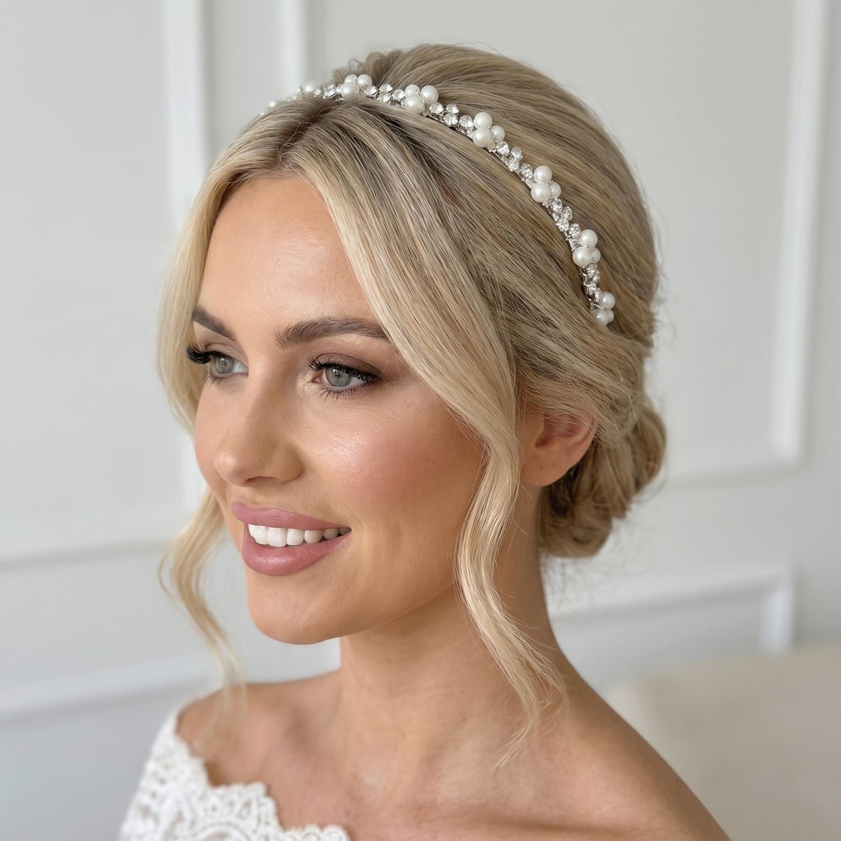 Bridal Headband with Pearl Clusters and Clear Round Stones | Silver-Tone Hairpiece