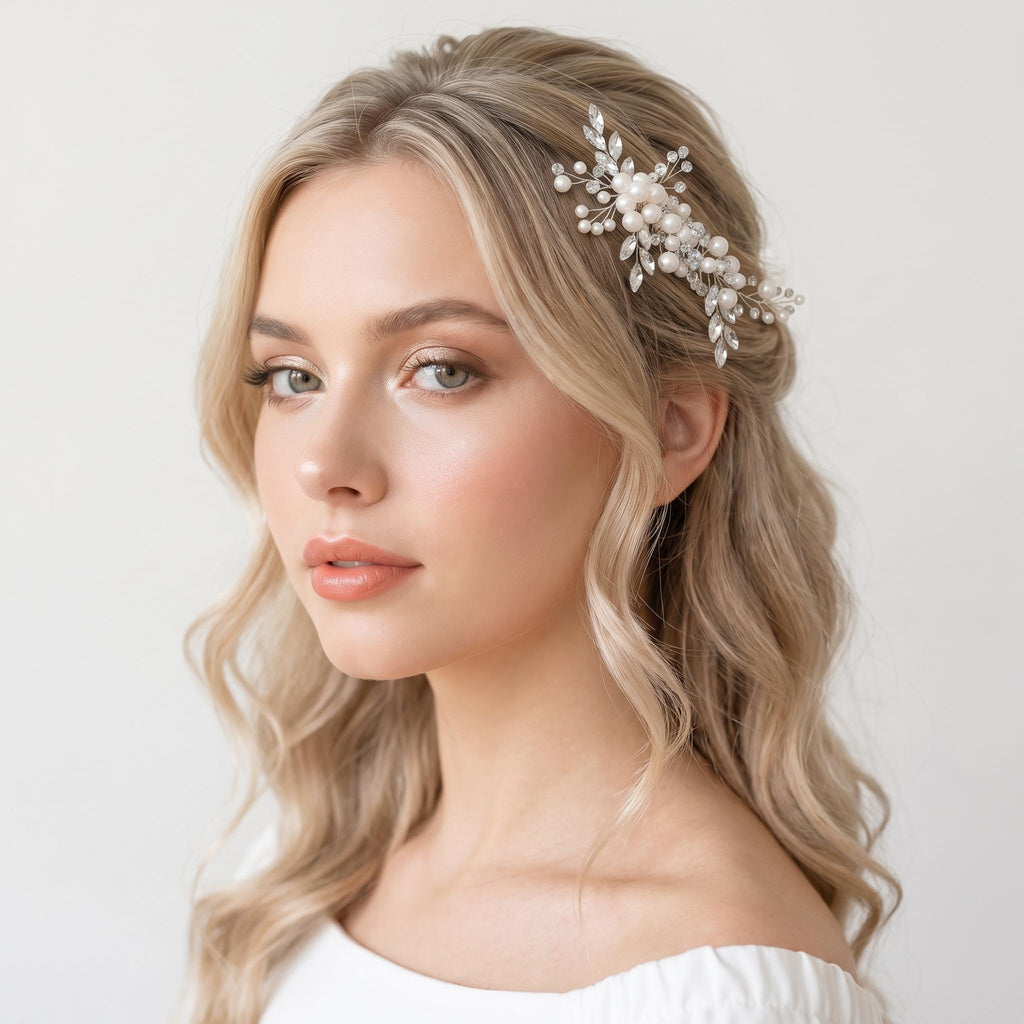 Side view of a dark-haired bride with a low bun wearing a silver-tone hair comb of white pearls, transparent branches and clear leaf-shaped elements.
