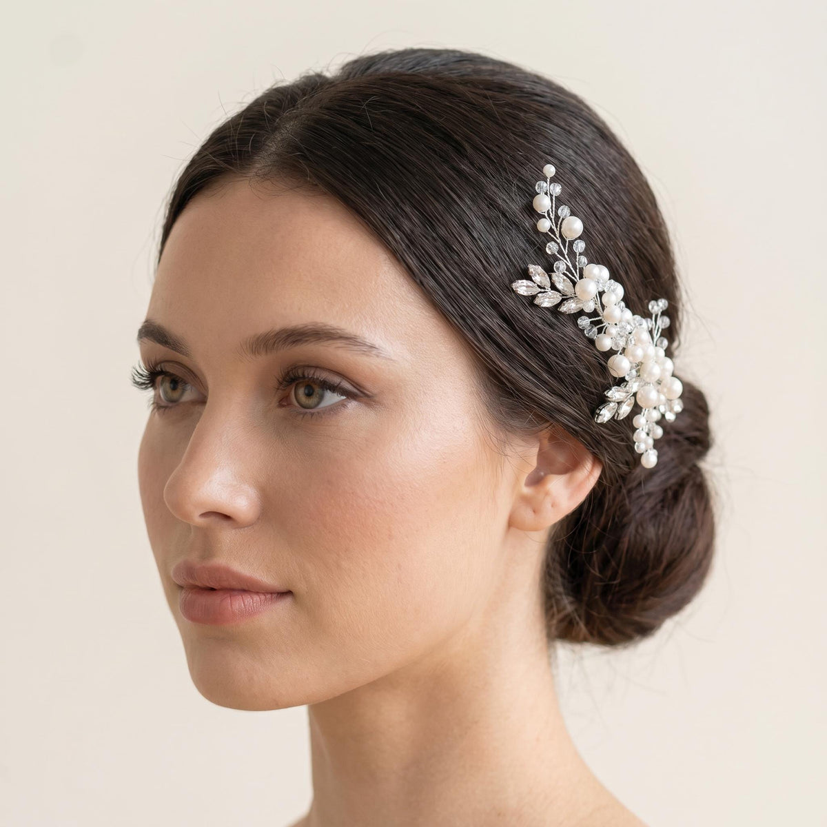 Bridal Hair Comb with Pearls and Clear Leaf Branches | Silver-Tone Wedding Hairpiece