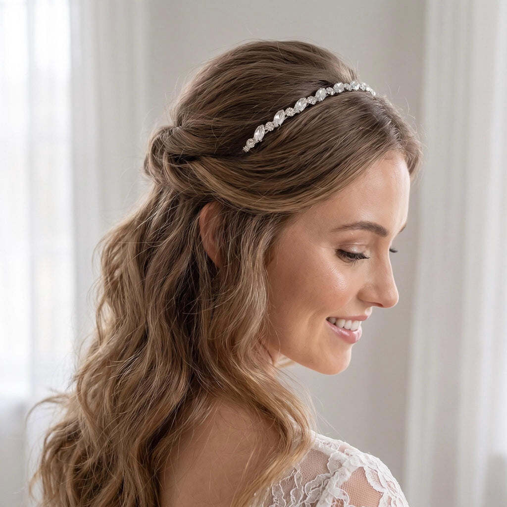 Bride wearing a silver-tone headband with clear round and elongated stones over side-parted hair styled in an elegant low bridal updo.