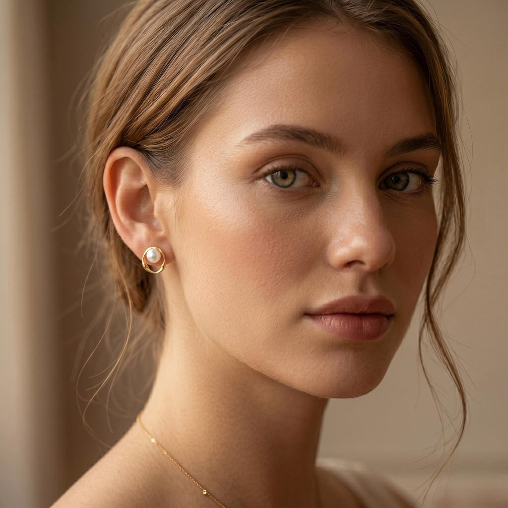 A woman with light brown hair and green eyes wears a gold-toned stud earring with a white pearl inside a twisted open circle.