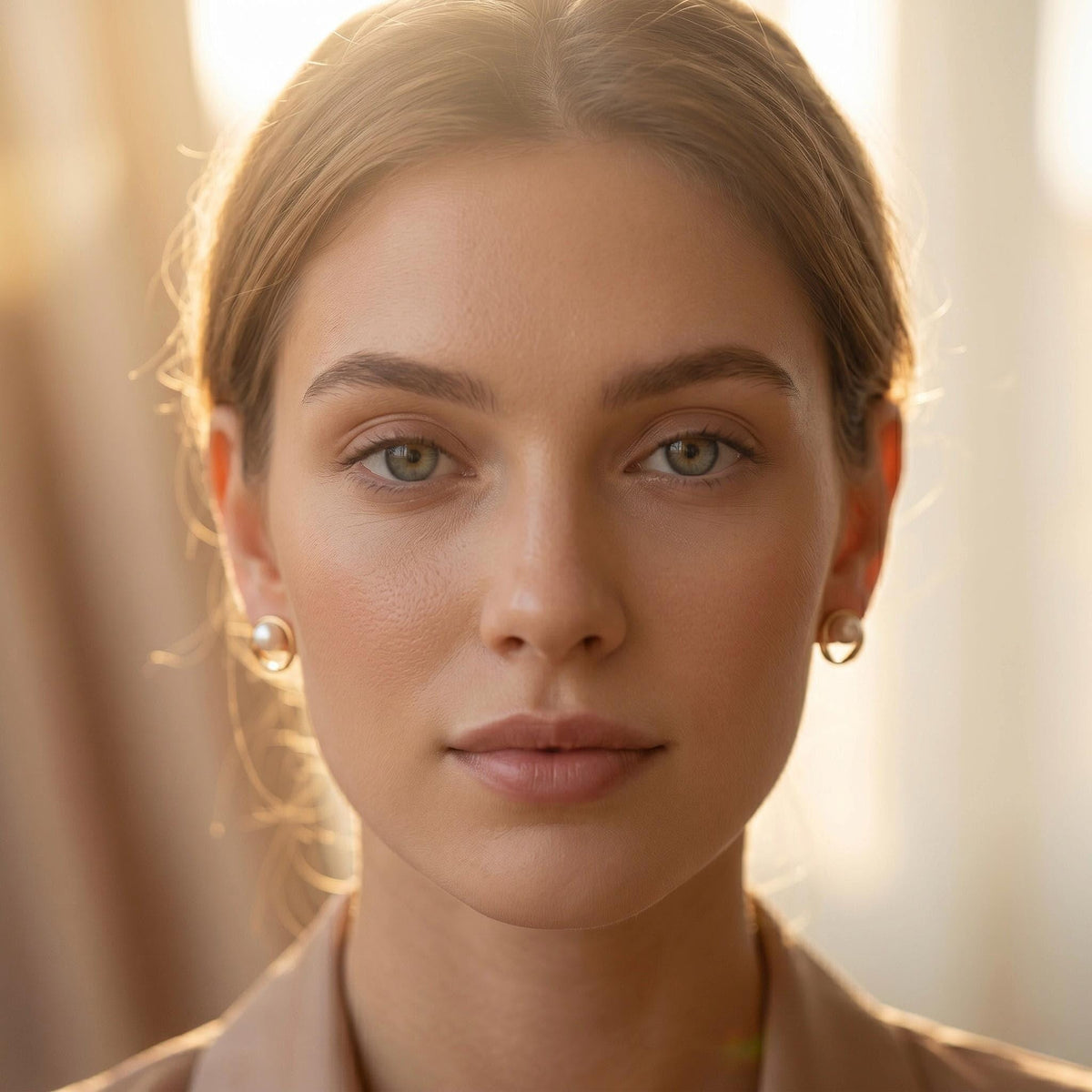 A woman with light brown hair and green eyes looks forward, wearing gold-toned stud earrings with white pearls.