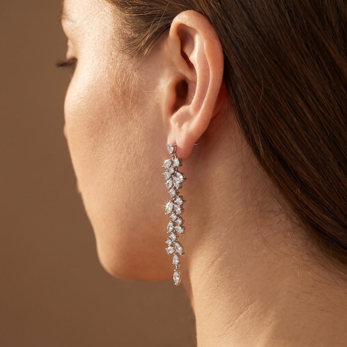 Bridal Earrings Silver Crystal Marquise Flower Wedding Jewelry