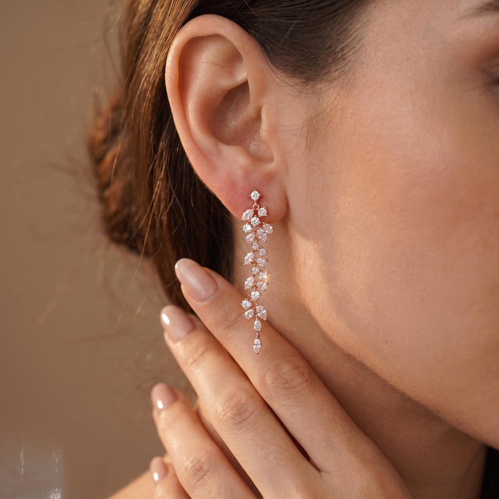 Long Bridal Chandelier Earrings with Leaf Cascades | Clear Silver-Tone Stones