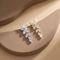 Bridal Drop Earrings with Floral Leaves | Clear Stones in Silver-Tone Settings