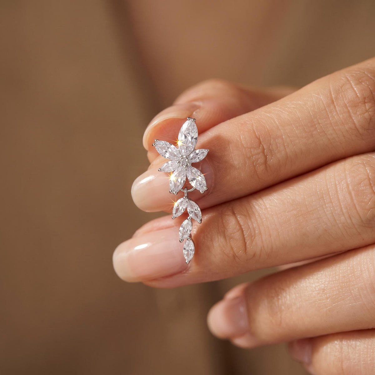 Bridal Drop Earrings with Marquise Crystals | Silver-Tone Floral Wedding Jewelry