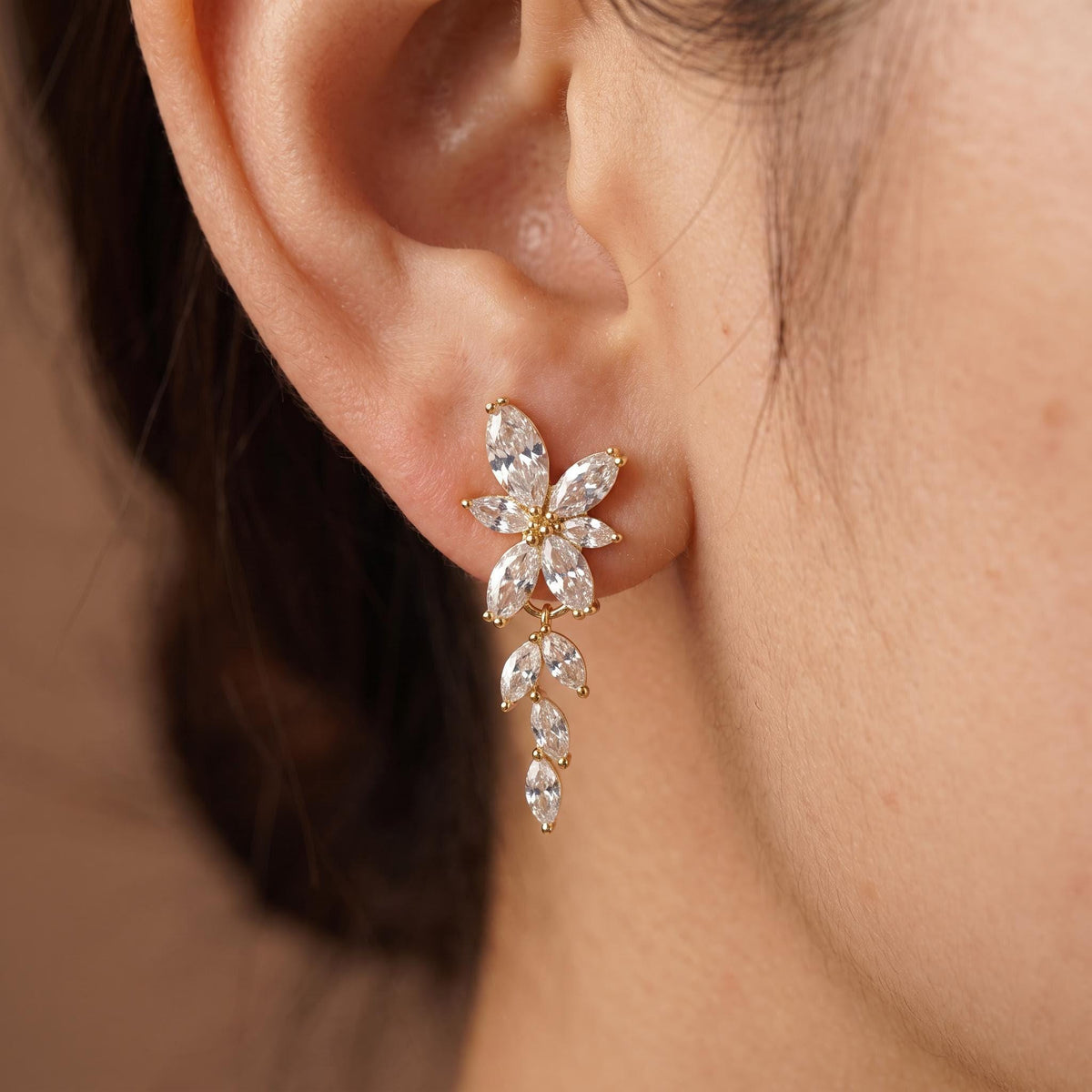 Bridal Drop Earrings with Marquise Crystals | Silver-Tone Floral Wedding Jewelry