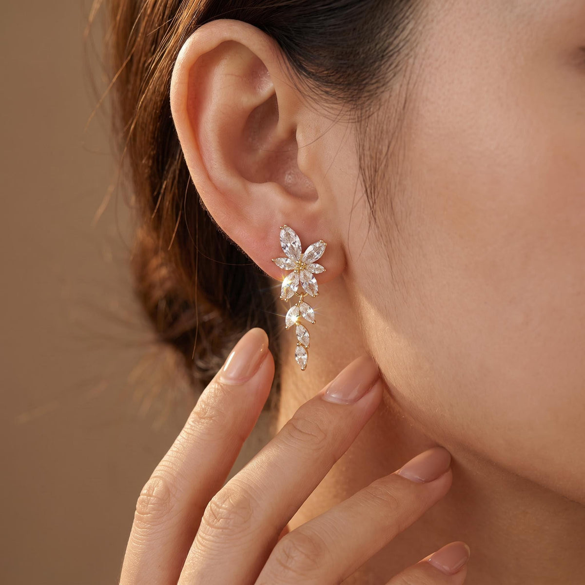 Bridal Drop Earrings with Marquise Crystals | Silver-Tone Floral Wedding Jewelry