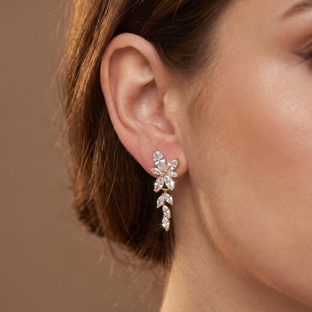 Bridal Drop Earrings with Marquise Crystals | Silver-Tone Floral Wedding Jewelry