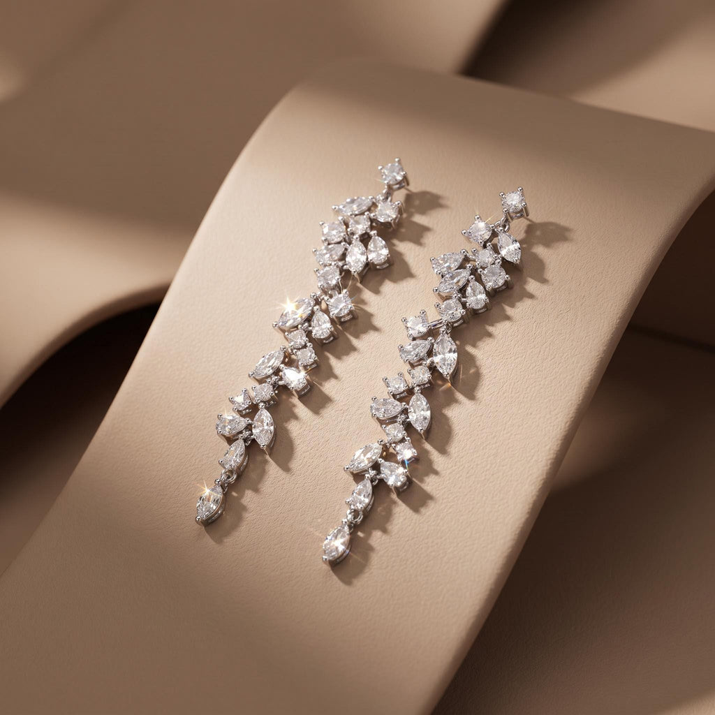 Bridal Earrings Silver Crystal Marquise Flower Wedding Jewelry