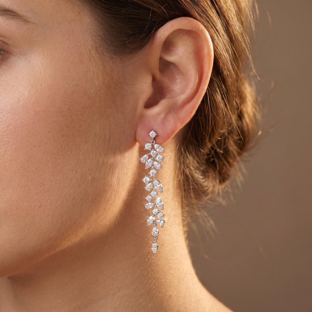 Bridal Earrings Silver Crystal Marquise Flower Wedding Jewelry