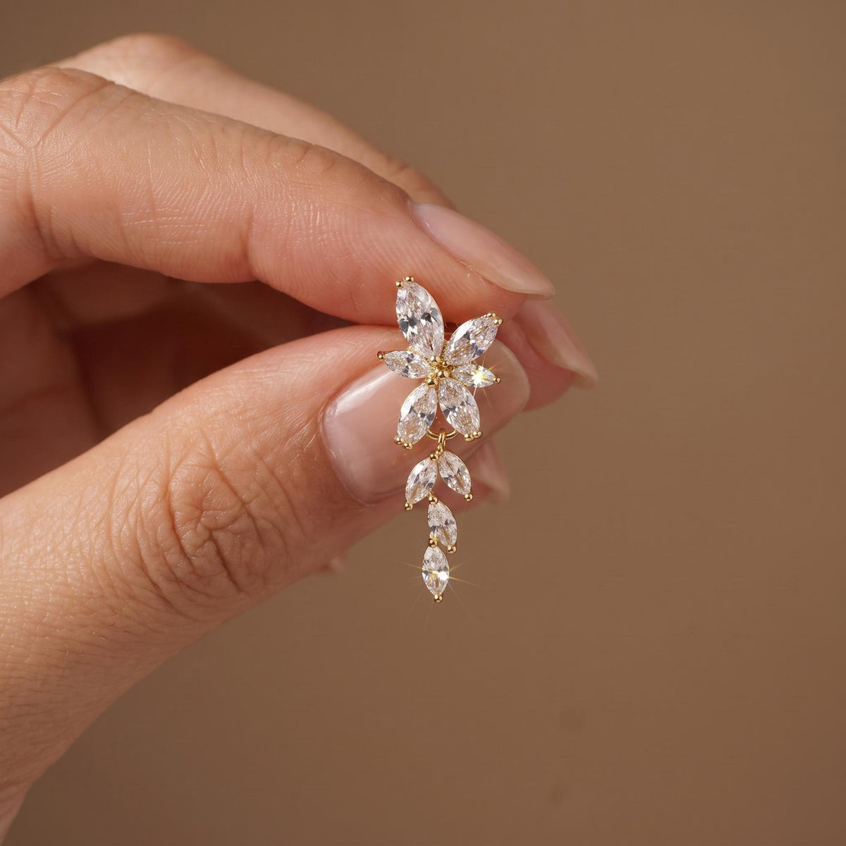 Bridal Drop Earrings with Floral Leaves | Clear Stones in Silver-Tone Settings