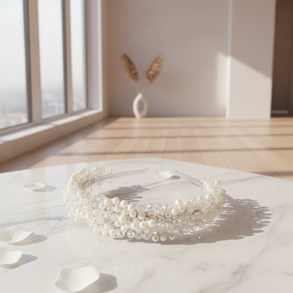 Ivory Perlen Tiara mit klaren Kristallen für Bräute - AVYRAA BRIDAL