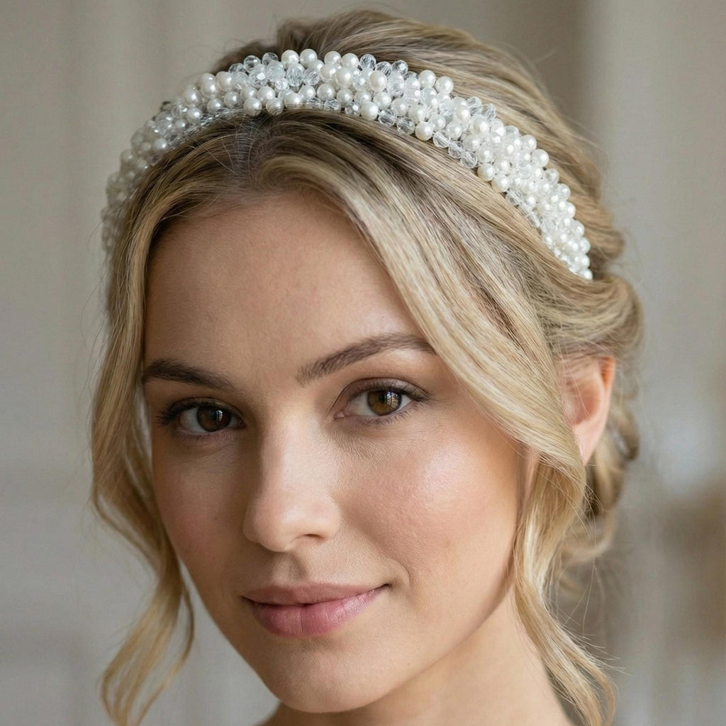 Ivory Perlen Tiara mit klaren Kristallen für Bräute - AVYRAA BRIDAL