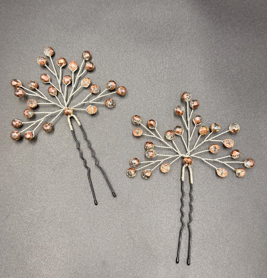 Kupfer - Champagner Kristall Haarnadeln für Brautfrisur, Handgemachter Braut Haarschmuck mit Bicolor Kristallen - AVYRAA BRIDAL