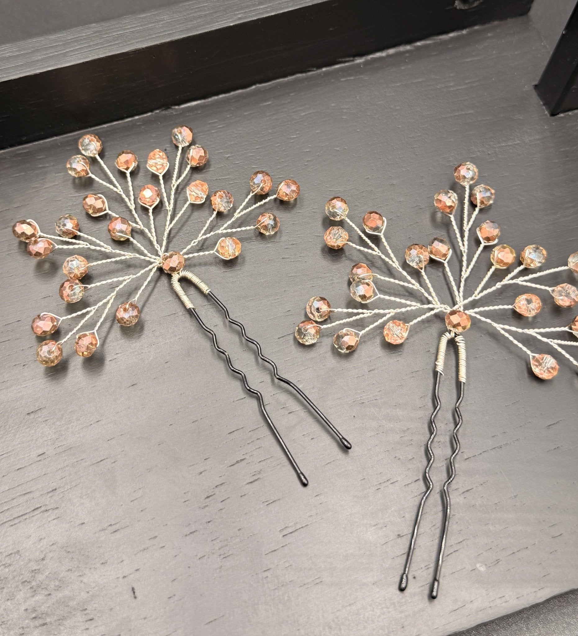 Kupfer - Champagner Kristall Haarnadeln für Brautfrisur, Handgemachter Braut Haarschmuck mit Bicolor Kristallen - AVYRAA BRIDAL