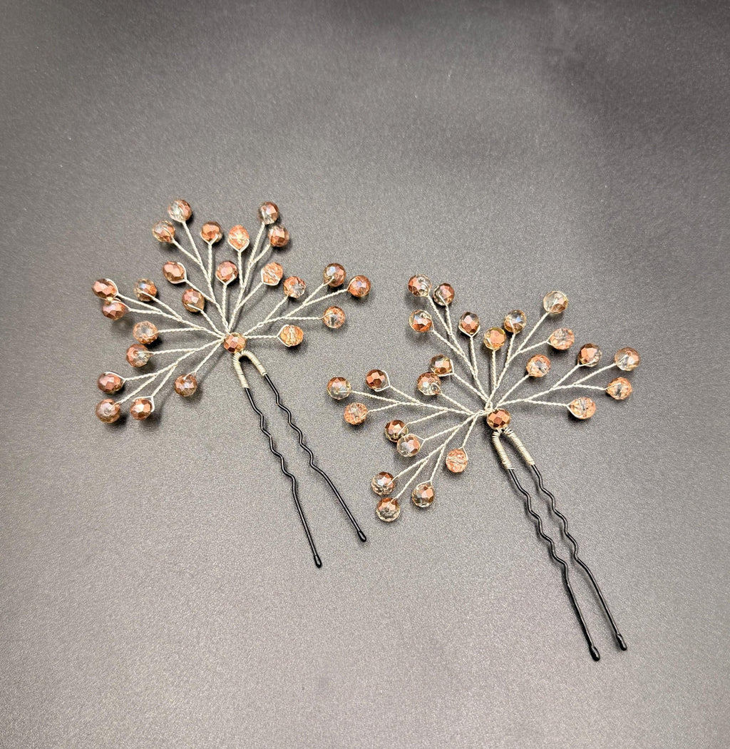 Kupfer - Champagner Kristall Haarnadeln für Brautfrisur, Handgemachter Braut Haarschmuck mit Bicolor Kristallen - AVYRAA BRIDAL