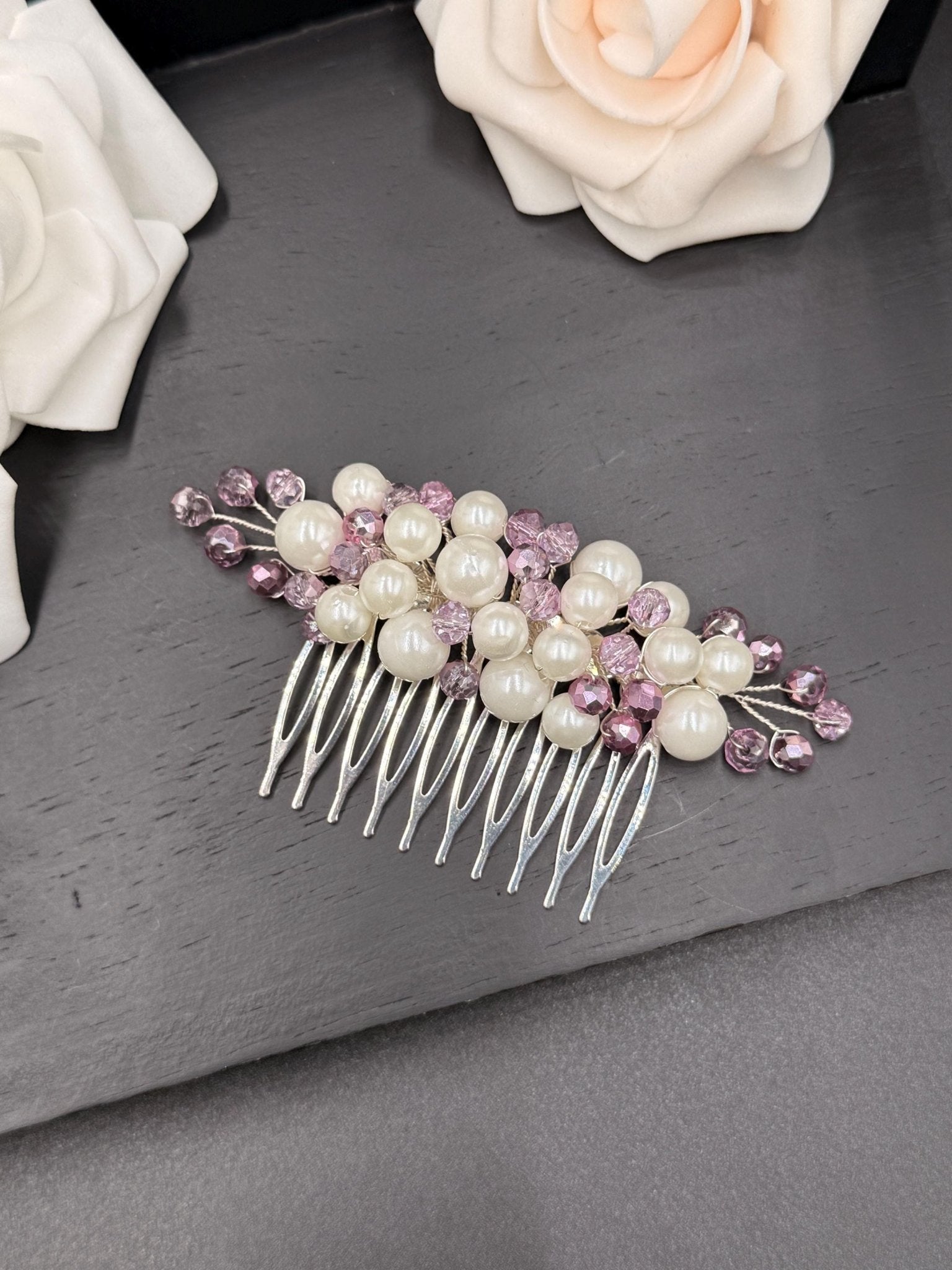 Lavendel Kristall Haarkamm Elfenbein Perlen Silber Braut Vintage Accessoire Romantisch Frisur Schmuck - AVYRAA BRIDAL