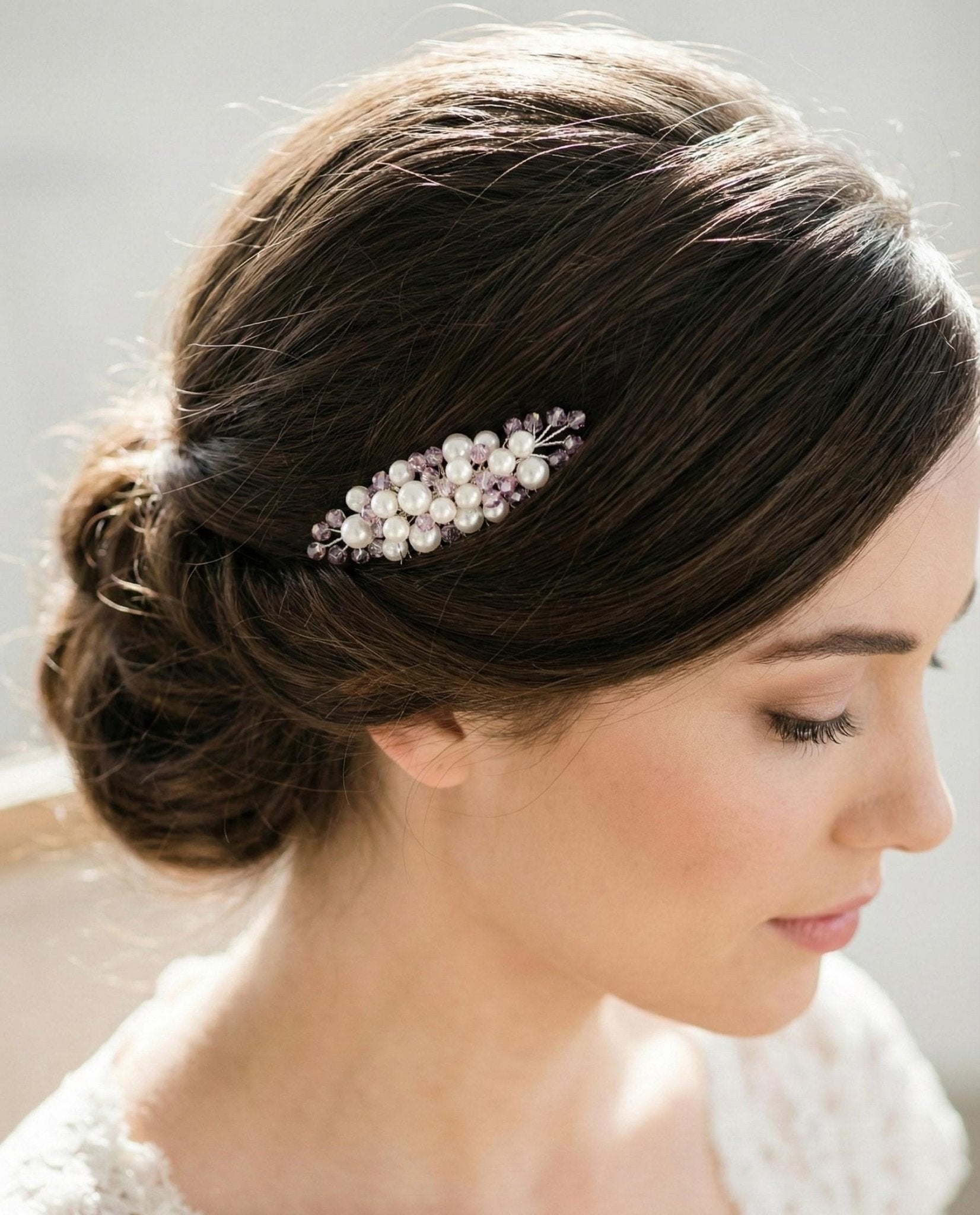 Lavendel Kristall Haarkamm Elfenbein Perlen Silber Braut Vintage Accessoire Romantisch Frisur Schmuck - AVYRAA BRIDAL