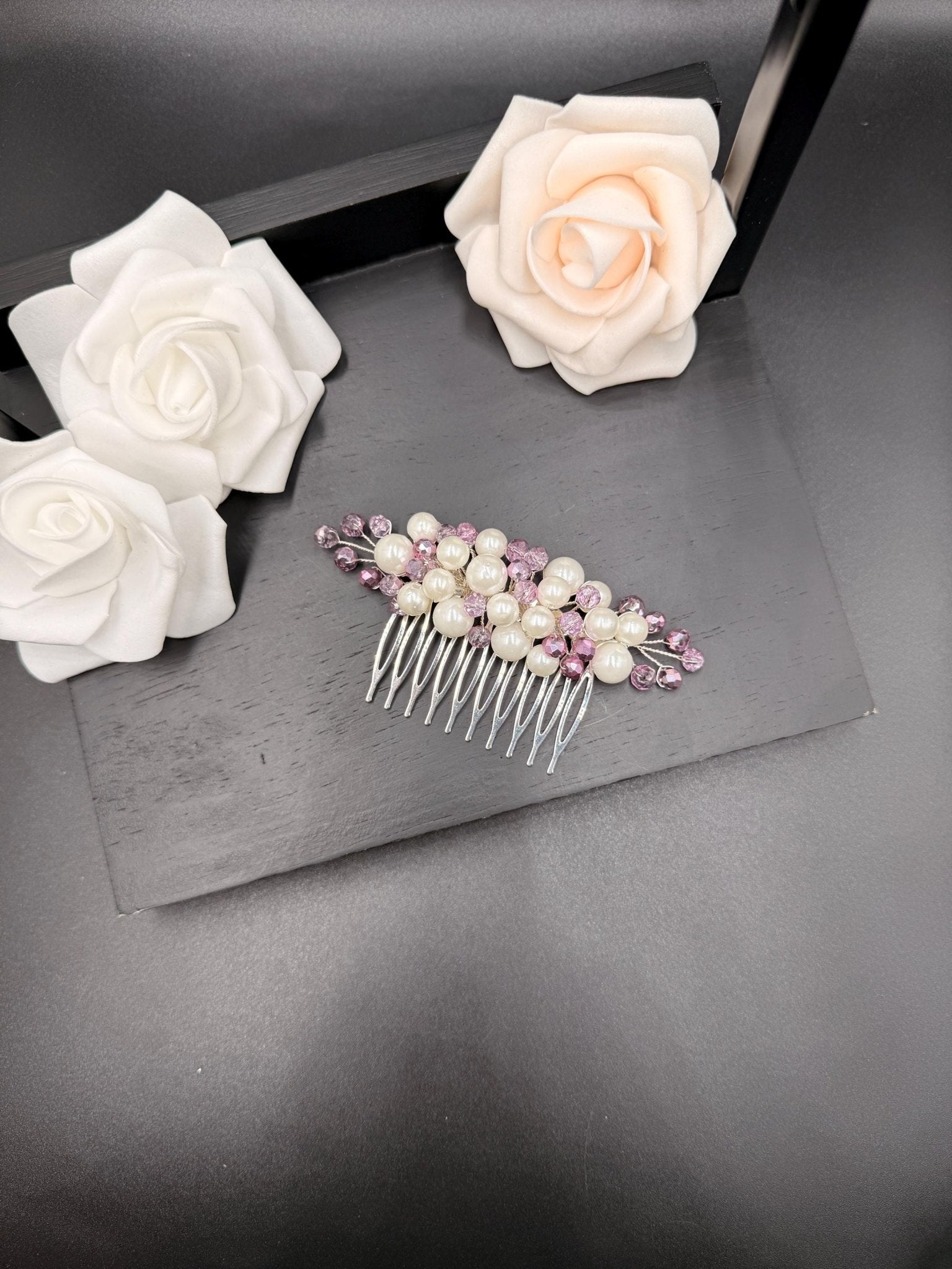 Lavendel Kristall Haarkamm Elfenbein Perlen Silber Braut Vintage Accessoire Romantisch Frisur Schmuck - AVYRAA BRIDAL