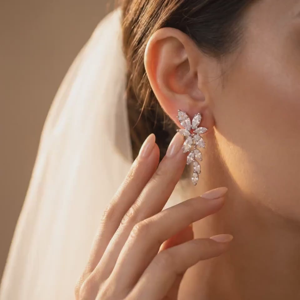 Bridal Drop Earrings with Floral Leaves | Clear Stones in Silver-Tone Settings