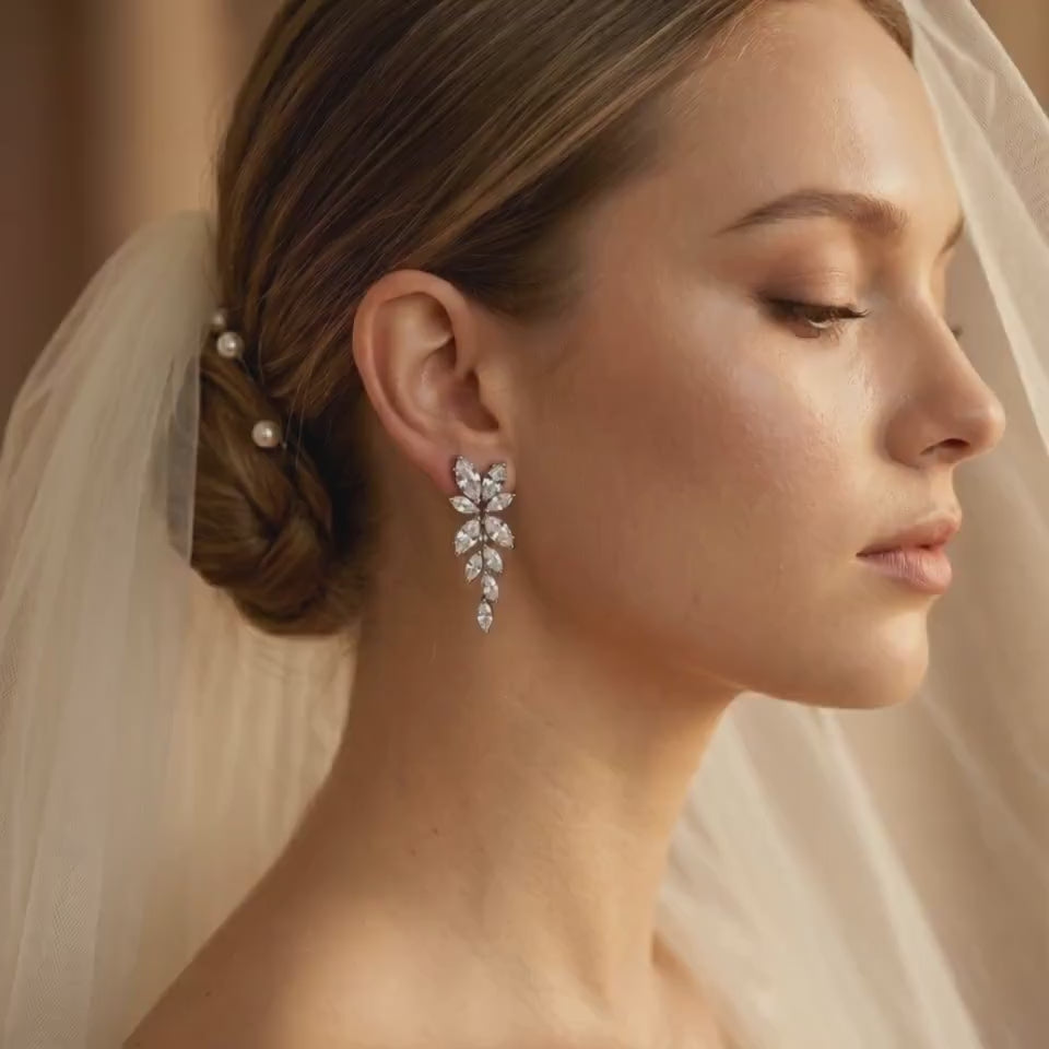 Bridal Drop Earrings with Marquise Crystals | Silver-Tone Floral Wedding Jewelry