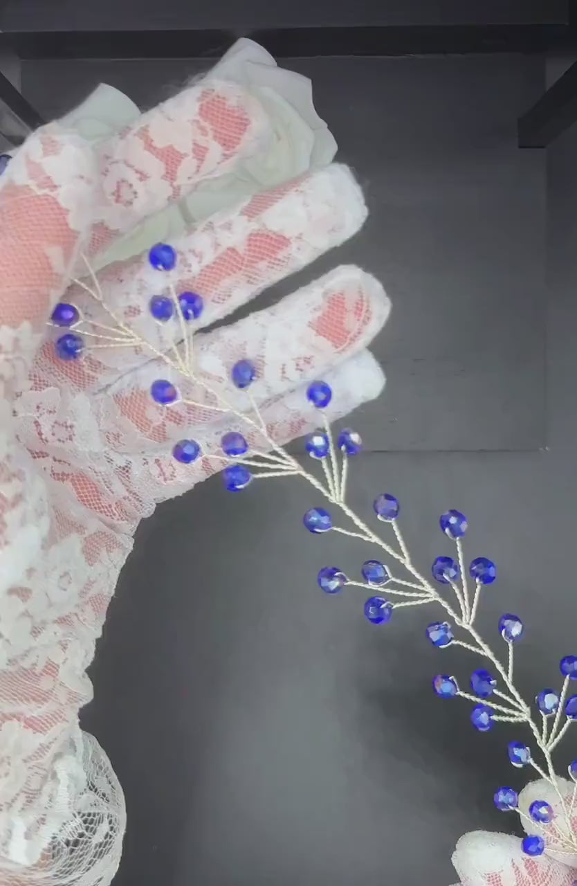 Royalblaue Kristall Haarranke mit Silberdraht