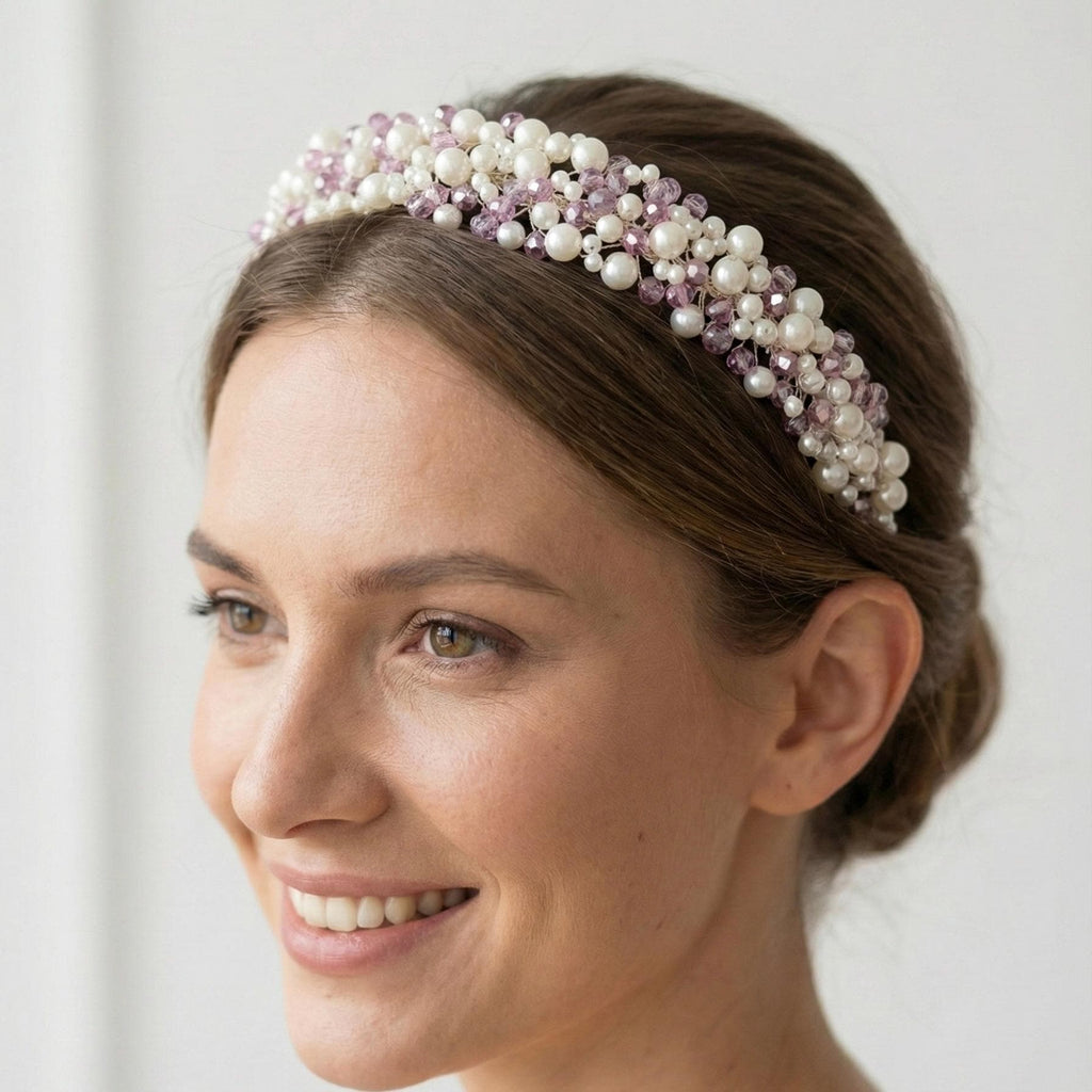 Rosa Perlen Haarreif mit Kristallen für Bräute - AVYRAA BRIDAL