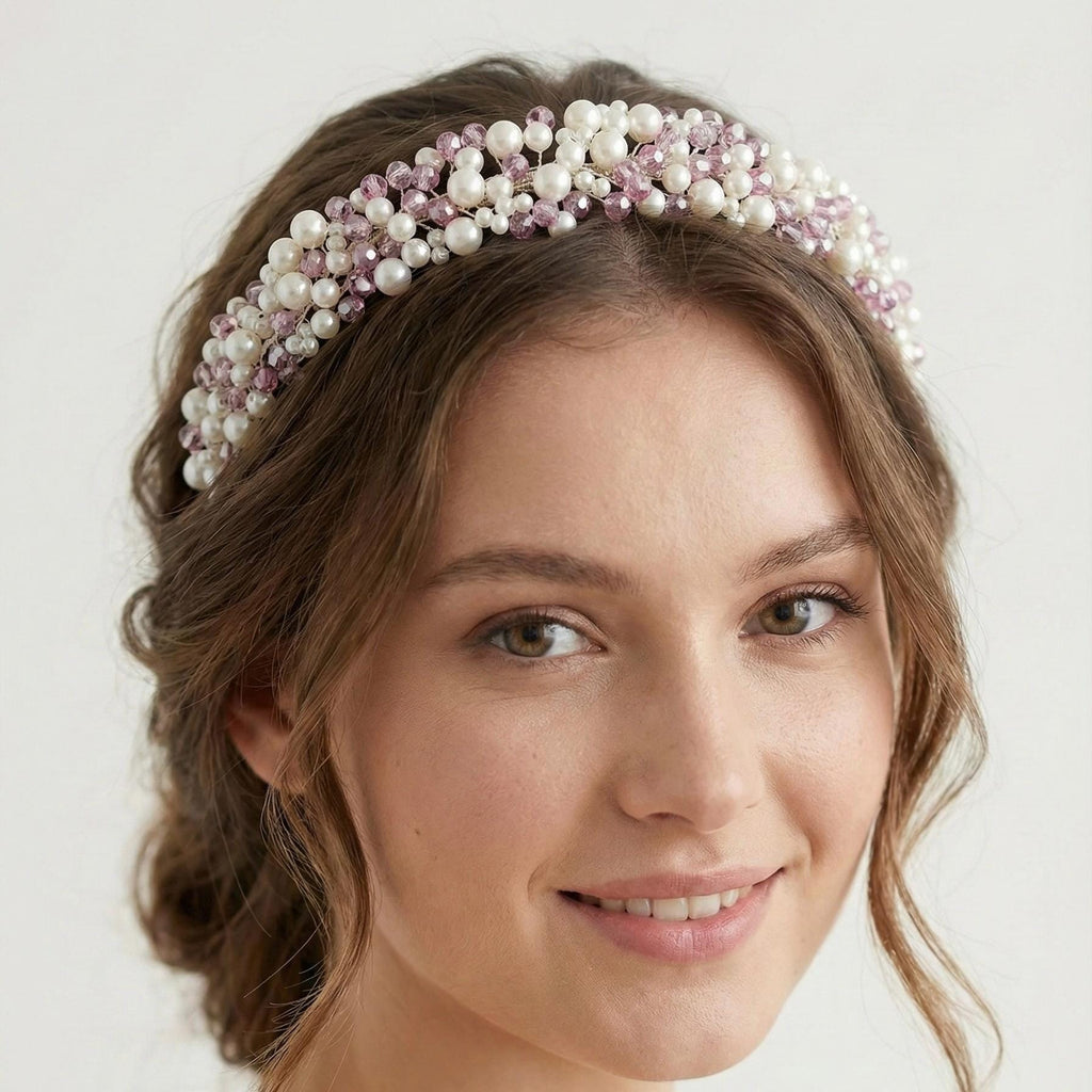 Rosa Perlen Haarreif mit Kristallen für Bräute - AVYRAA BRIDAL